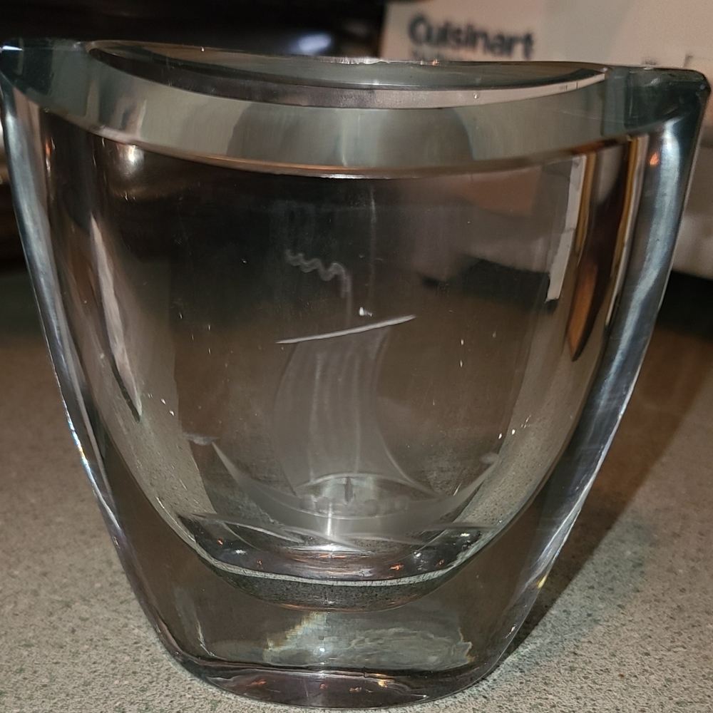 Stromberg Mid-Century Modern Engraved Viking Longship Design Thick Glass Vase 4"